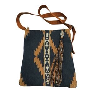 Atenti Black Brown SW Tribal Aztec Tapestry Woven Bag Concho Tassel Pull